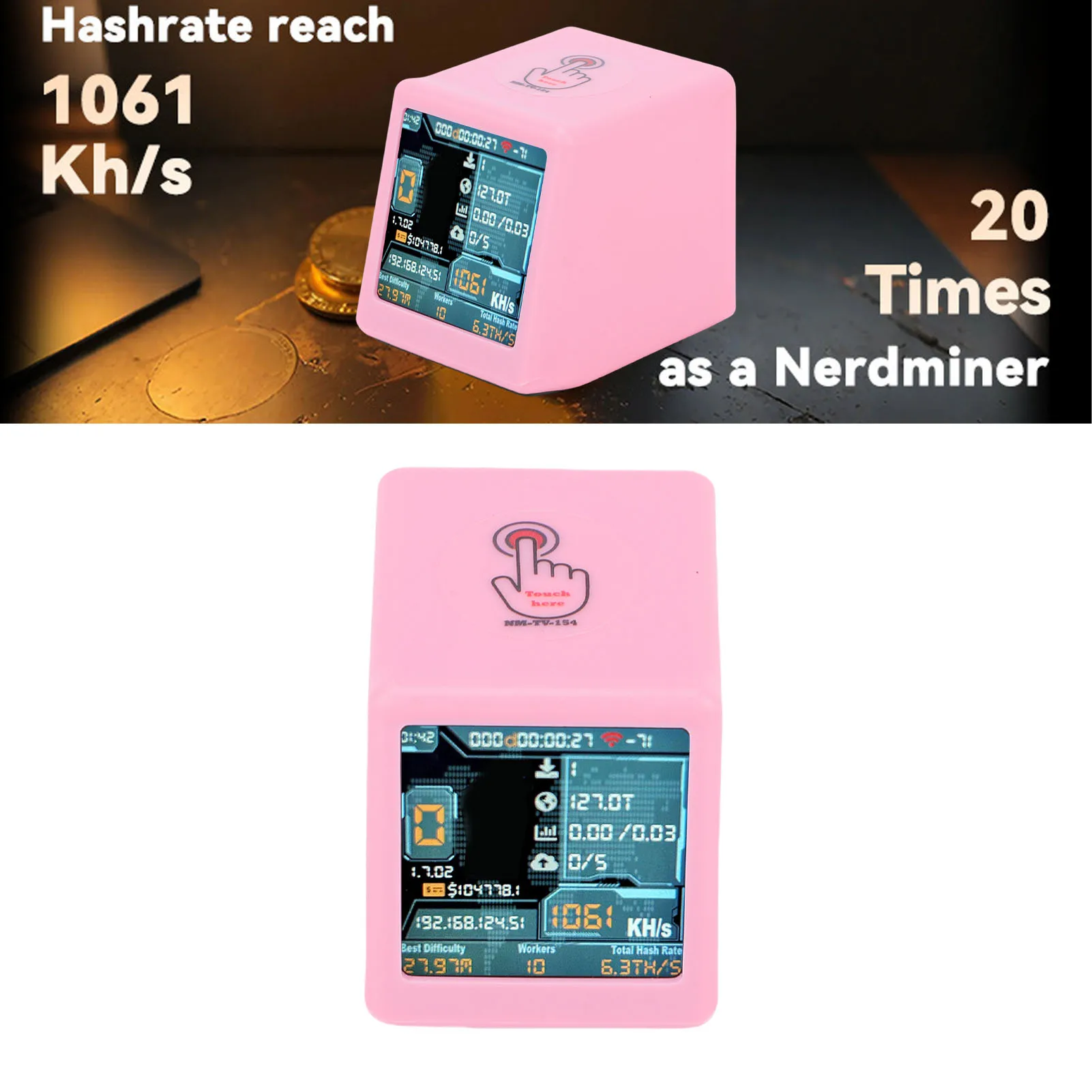 

Майнер для лотереи BTC Solo 1060KH/s с высокой производительностью, 1,54-дюймовым HD-экраном с сенсорным управлением и настольными часами для домашнего майнинга