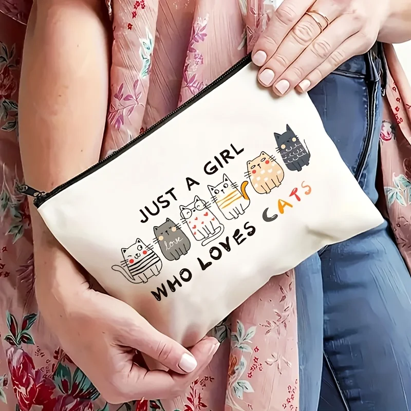 Women & Girls Cute Cat-Themed Pouch Suitable for Cat Lovers - Lightweight Zippered Makeup Bag & Toiletry, Funny Gift for Daughte