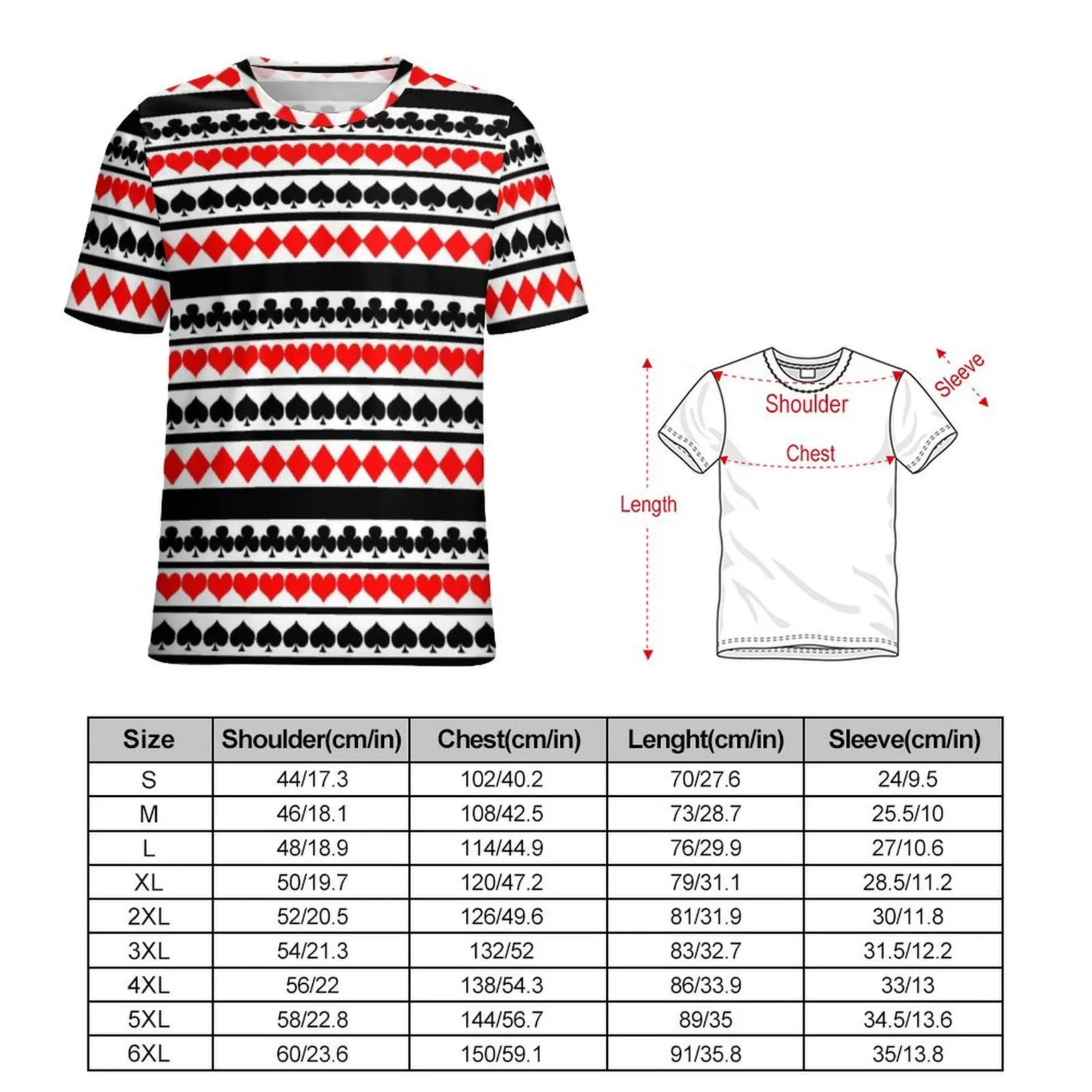 Card Suit Stripe Print T-Shirt  Vintage T Shirts Male Streetwear Tshirt Summer Short Sleeve Graphic Tops Plus Size 6XL