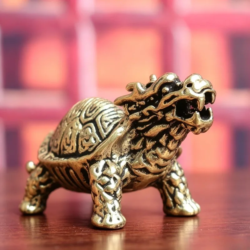 Vintage Brass Dragon Turtle Figurine, Chinese Auspicious Beast Statue, Mini Desktop Ornament, Feng Shui Tea Pet Lucky Craft Gift