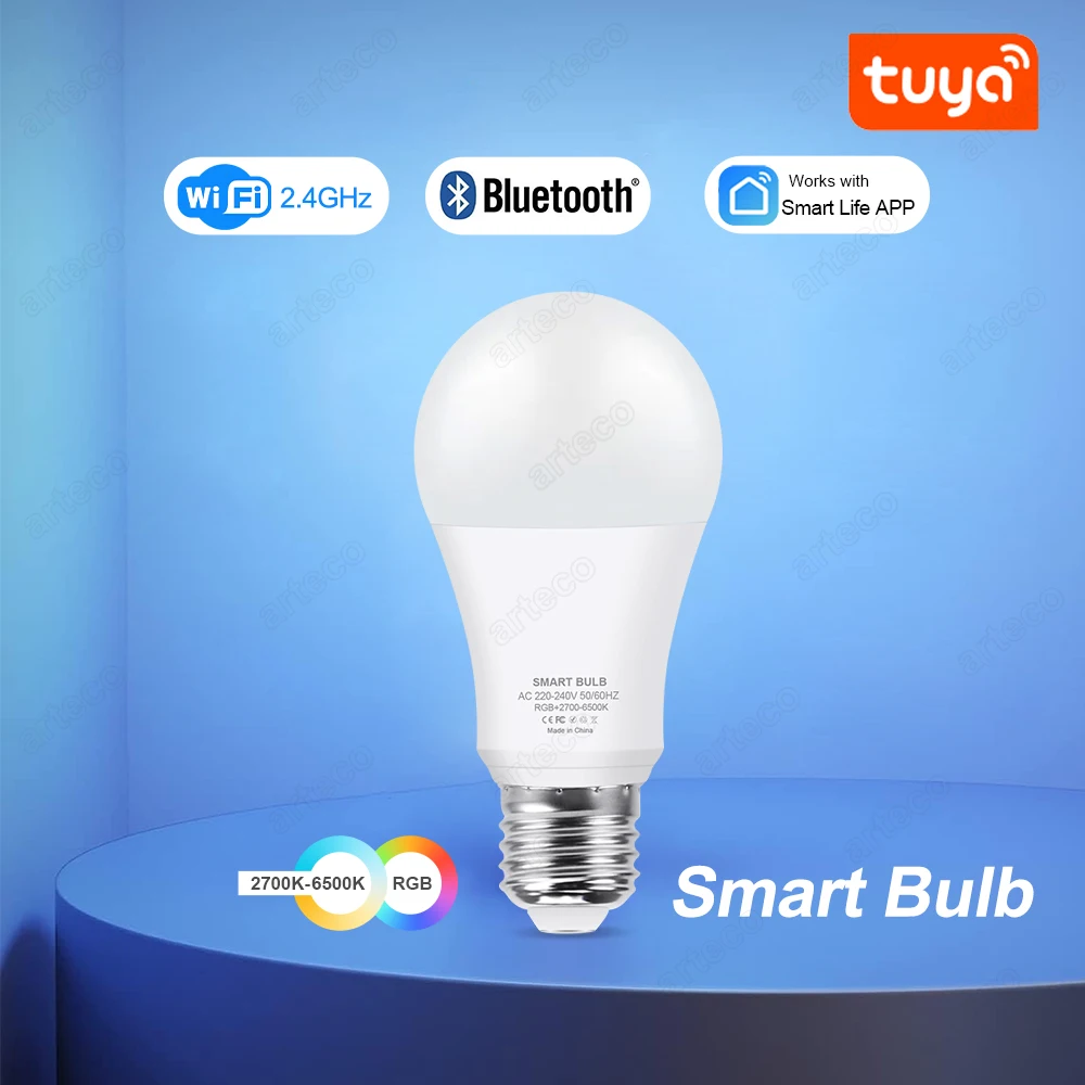 Tuya E27 Żarówki LED Bluetooth WiFi Inteligentna lampa LED RGB+CW+WW 15W 18W Żarówka LED współpracuje z Amazon Alexa Google Home Room Decor