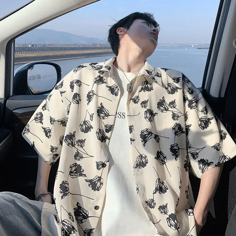 Summer Short Sleeved Shirt Men Retro Printed Shirt Men Streetwear Hip-hop Loose Flower Shirt Mens Hawaiian Shirts Plus Size 5XL