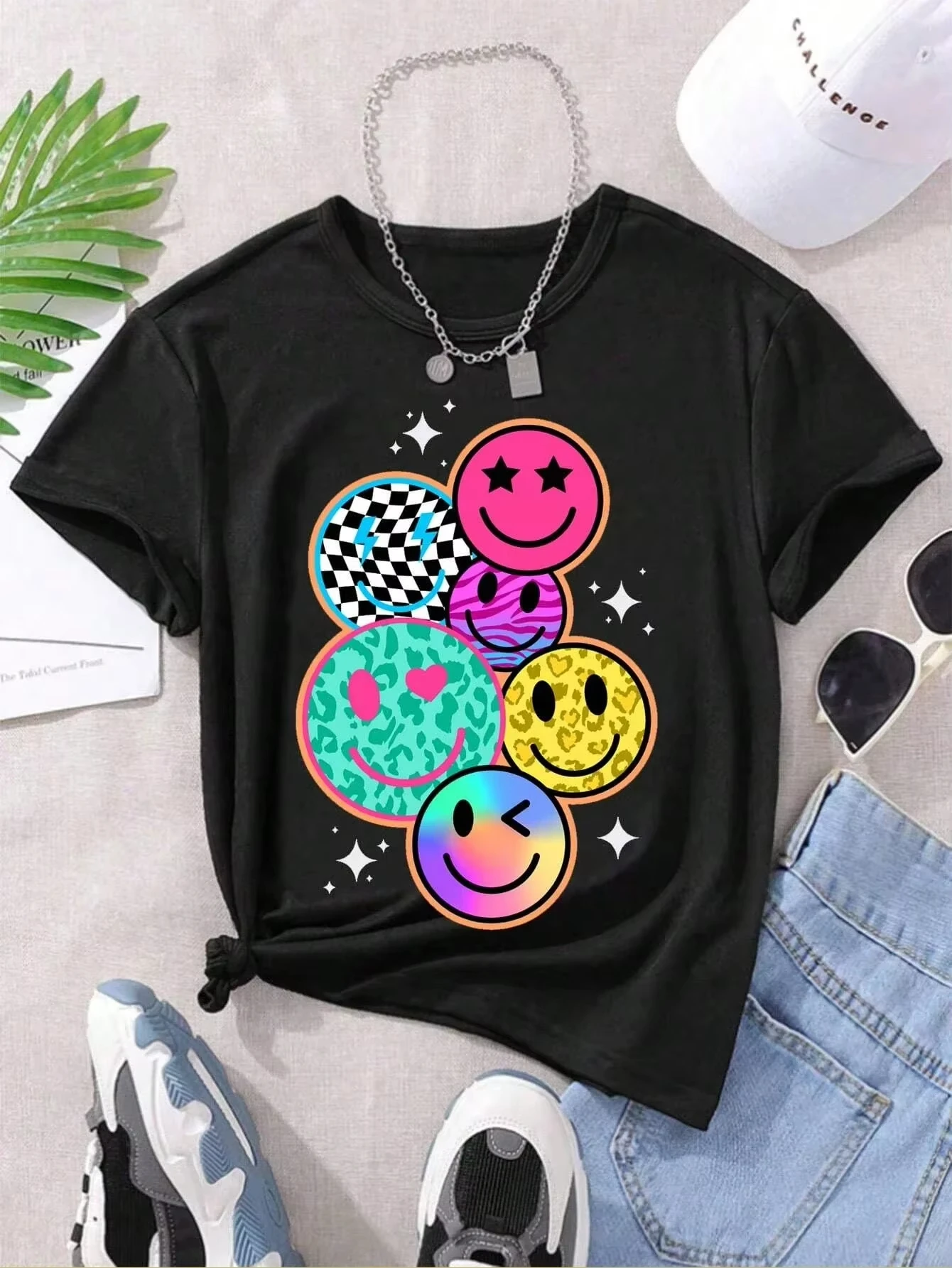 Unisex Y2K Colorful Smile Face Graphic T‑Shirt Retro Leopard Checkerboard Print Short Sleeve Casual Streetwear Tee Top