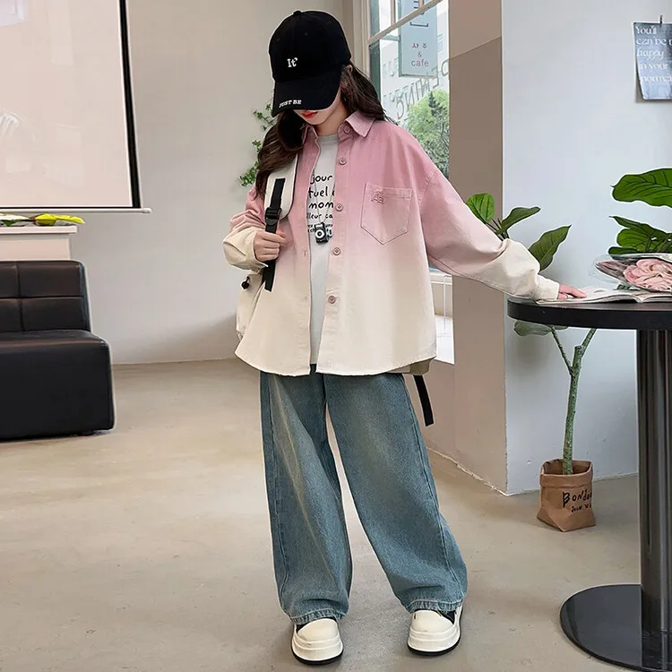 

Girls Top Spring and Autumn New Gradient Color Shirt Jacket Casual Fashion Western Style Daily Simplicity Wear