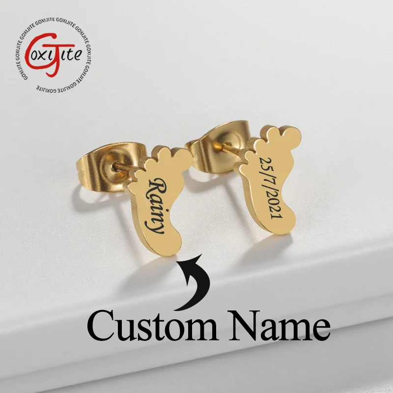 Goxijite Laser Marking Customized Name Foot Shape Earrings Stainless Steel Personalized Name Date Earrings Women Jewelry Gifts
