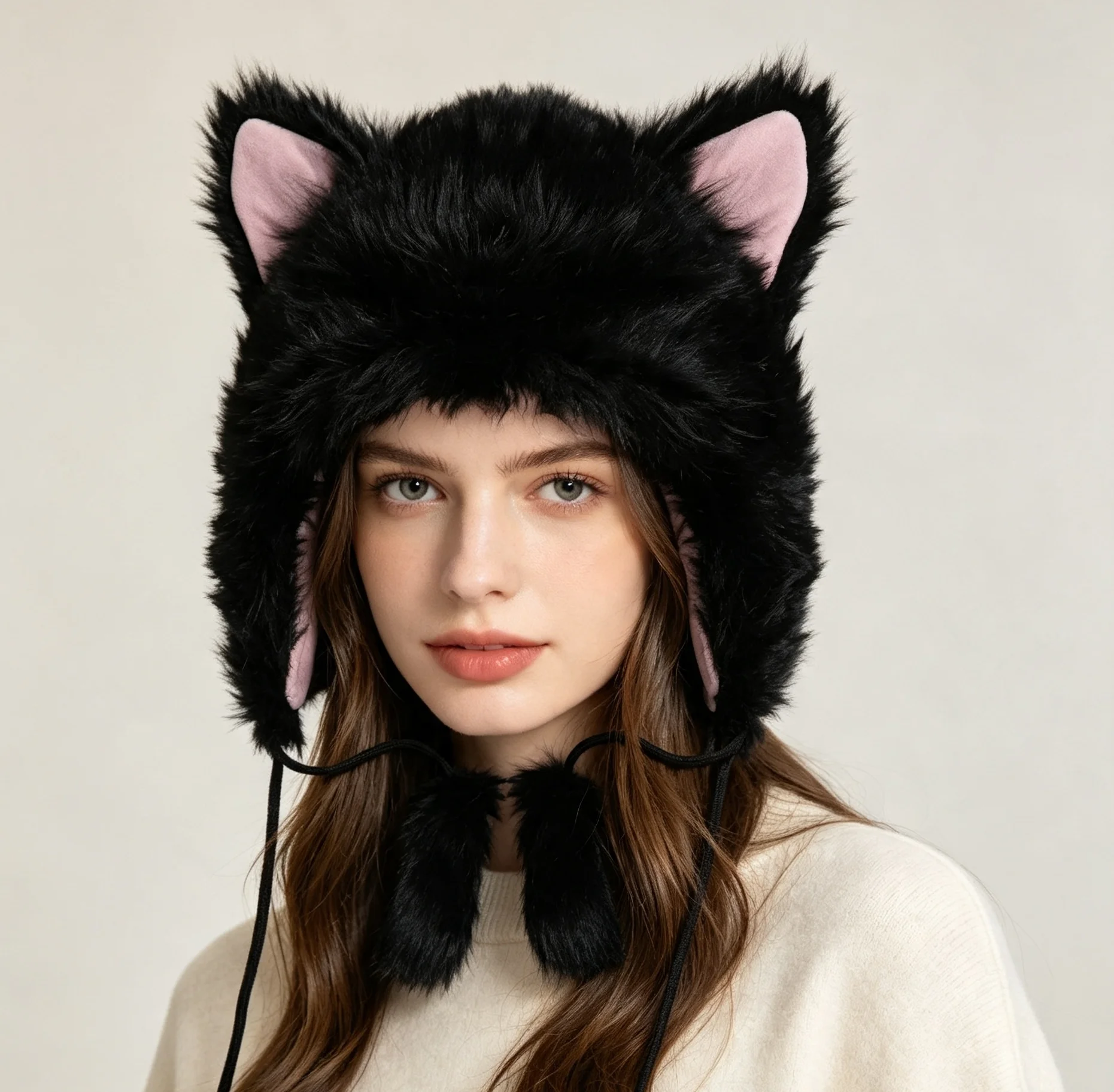 Y2k Mütze für Frauen und Mädchen, Katzenohren-Mütze, Winter-Warm, Handgefertigt, Flauschige Mützen, Pompom, Cosplay-Party-Performance-Kostüm-Kopfbedeckung