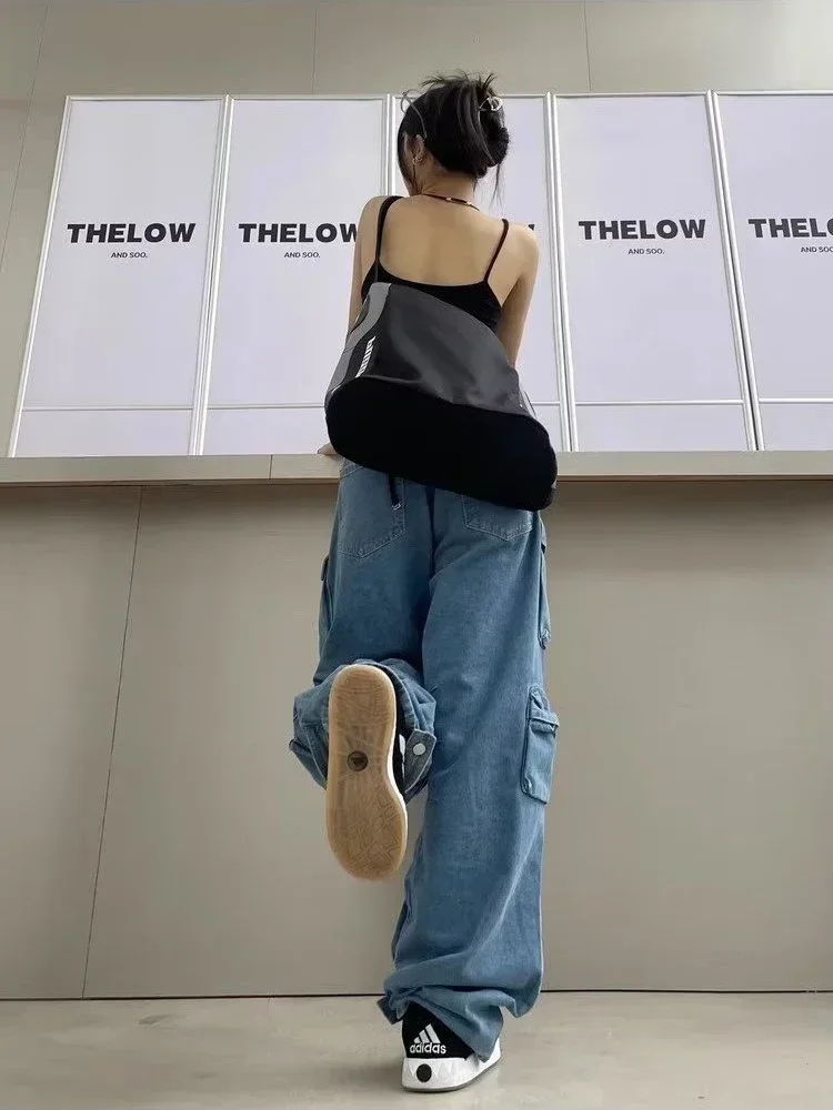 Damskie spodnie cargo Y2K, szerokie nogawki, wielokieszeniowe, modne spodnie dżinsowe, streetwear Harajuku, damskie spodnie vintage, luźne spodnie codzienne.