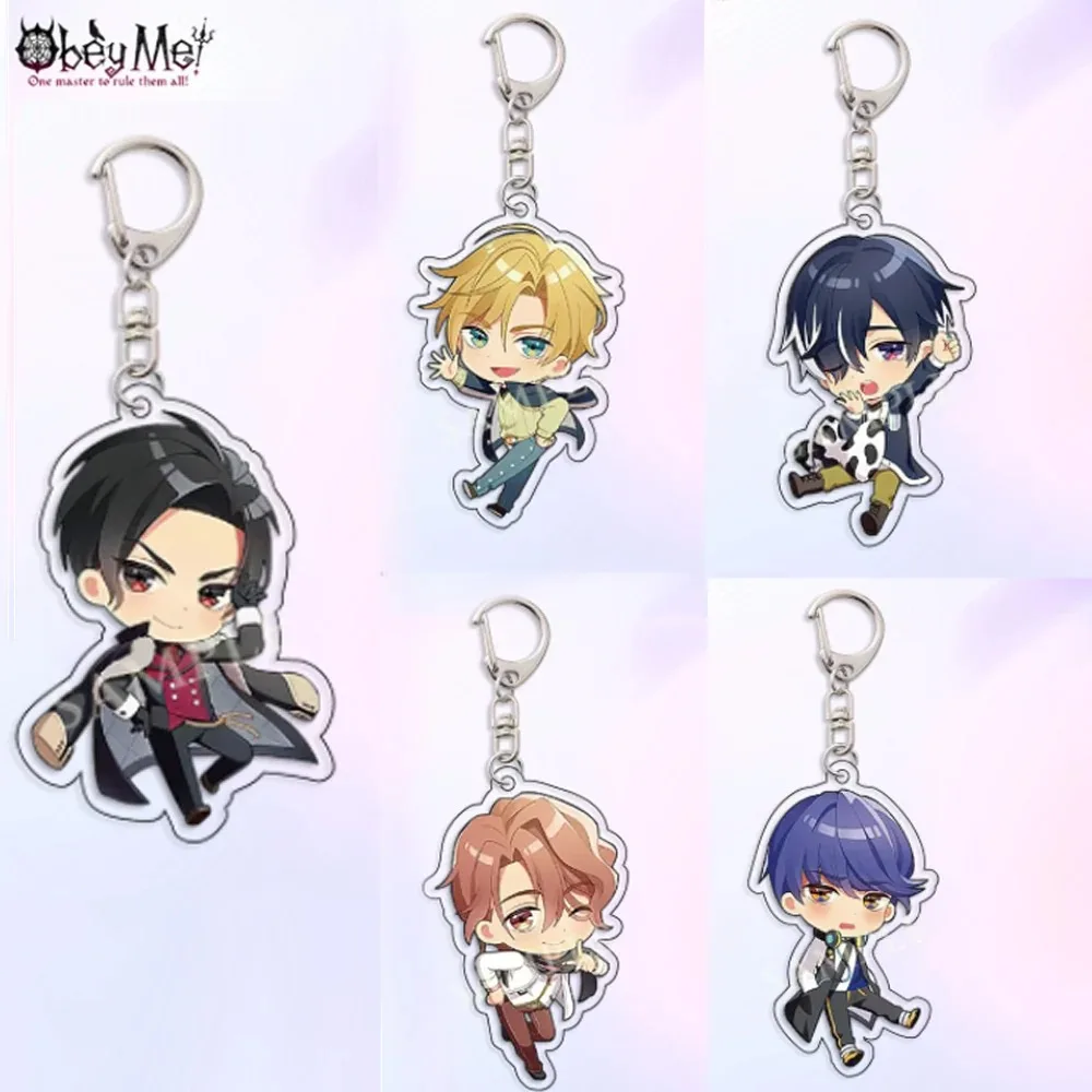 Fashion Anime Obey Me! Pajamas Collection Keychain Lucifer Mrmon Leviathan Asmodeus Figures Acrylic Keyring Jewelry Accessories