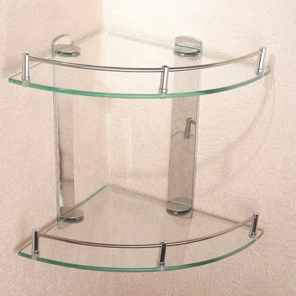 2 Tier Glass Corner Floating Storage Shelf Bathroom Shower Organizer