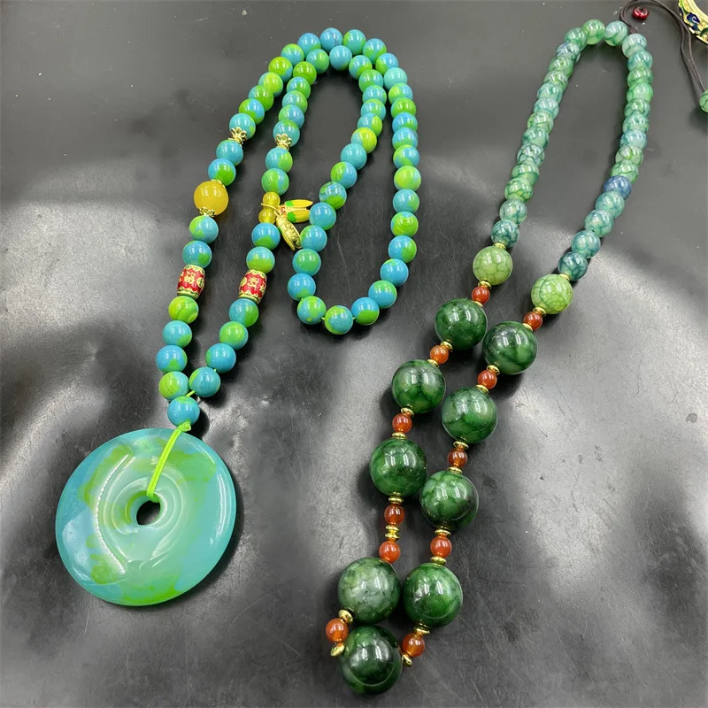 

New Green Peace Sweater Chain Pattern Agate round Beads Necklace Graduated Strand