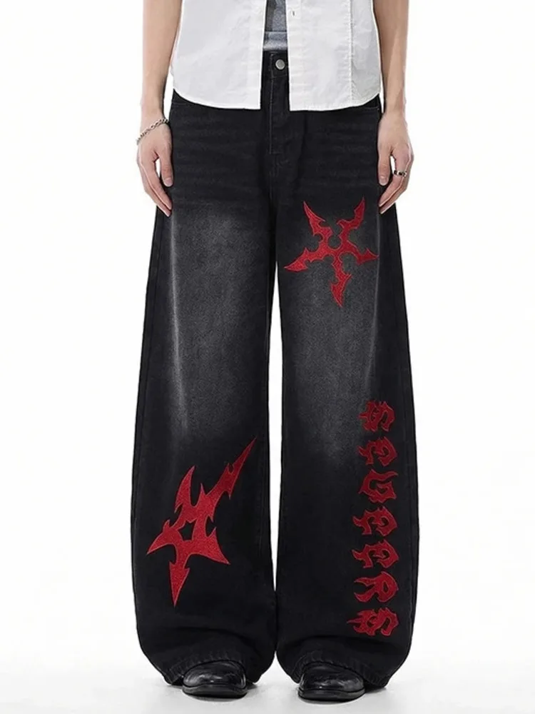 Gothic Men's Jeans Red Thorn Graphic Embroidery Gradient Black Wash Wide Leg Fit Punk Streetwear Denim Long Pants BVF7
