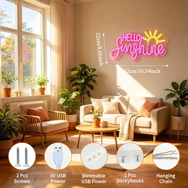 Hello Sunshine LED Neon Sign USB Dimmable Neon Light for Living Room Wall Light Bright Sun Decor Home Office Entryway Warm Gift