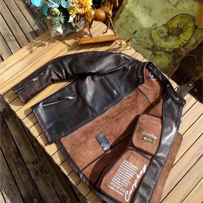 Vegetable-tanned tea core leather without lining design collar loop men's stand-up form-fitting  coat