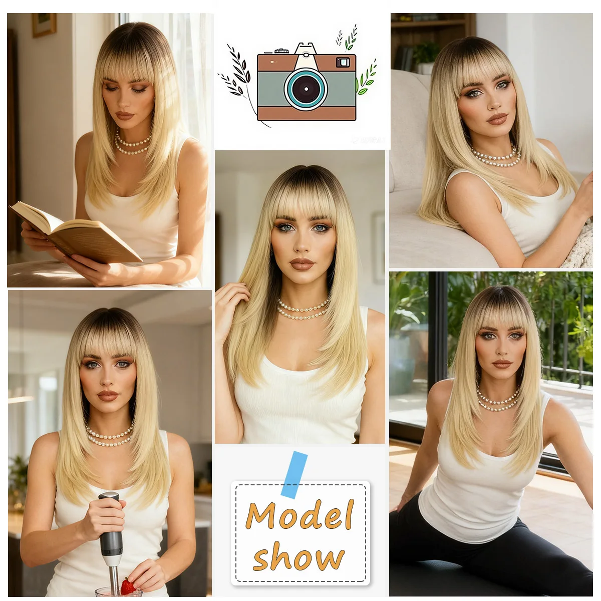 女性用ホワイトブロンド合成ウィッグ ストレートレイヤードナチュラルヘアウィッグ 前髪付き 耐熱ウィッグ 日常コスプレ用