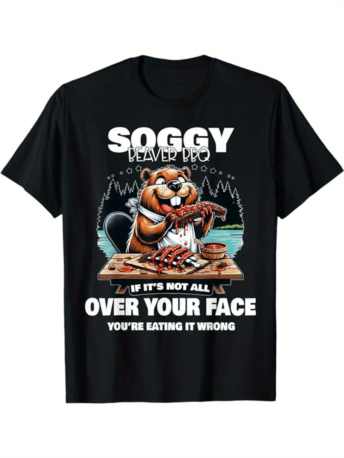 

Soggy Beaver BBQ Cartoon Ribs Graphic Men's Cotton Crew Neck T-Shirt Funny Summer Casual Tee