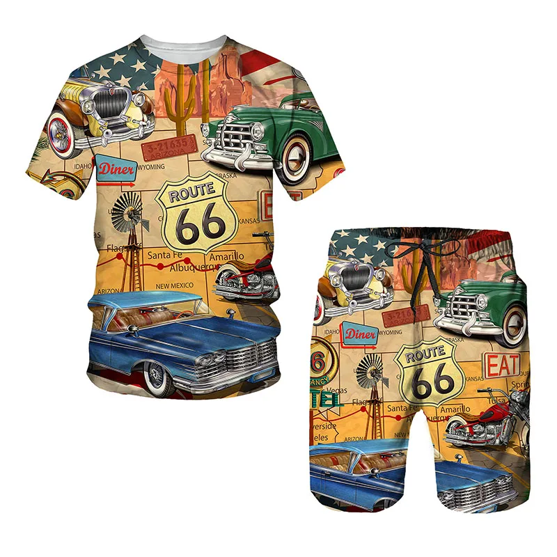 Route 66 Oldtimer 3D-Druck Herren T-Shirt Anzug Männlich Lässig O-Ausschnitt Trainingsanzug Herren Trapsta Kurzarm Set Übergroß Retro 2-teilig