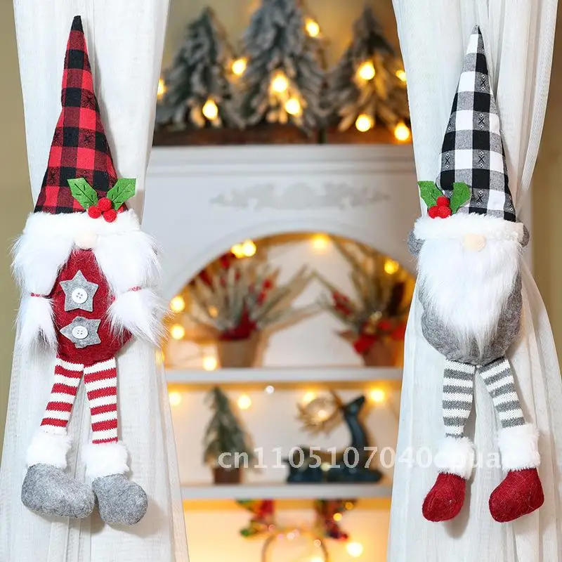 

Christmas Curtain Buckle Santa Claus Black and Red Plaid Curtain Hug Decorations Faceless Doll Curtain Tie Rope