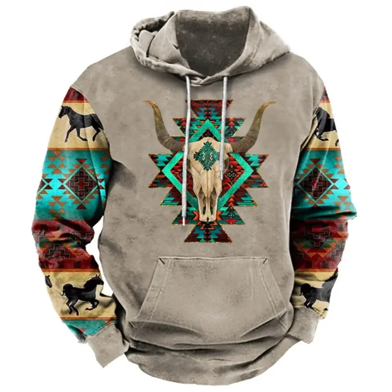 

North America Demon Wendigo Print Hoodies Western Cowboy Hooded Sweatshirts Daily Casual Oversized Pullovers Vintage Streetwear