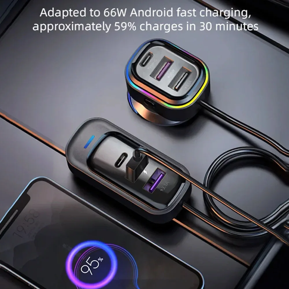 USB Interface Type-C Extension 66W Car Charger Rear Mobile Phone Charging PD QC3.0 Multifunctional Super Fast Charging