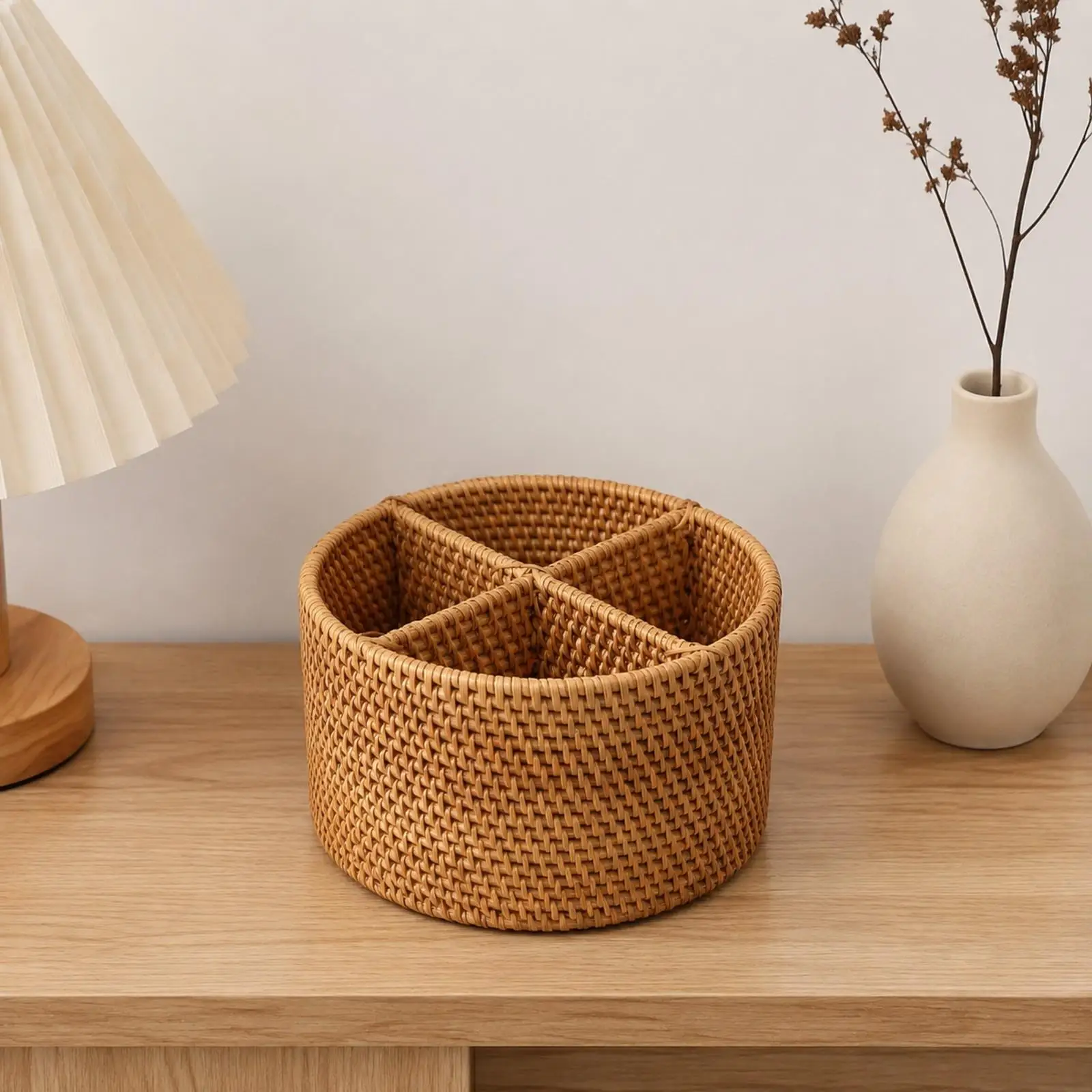 Artisan Rattan Round Storage Basket with Dividers for Neat Organization of Books and Small Belongings