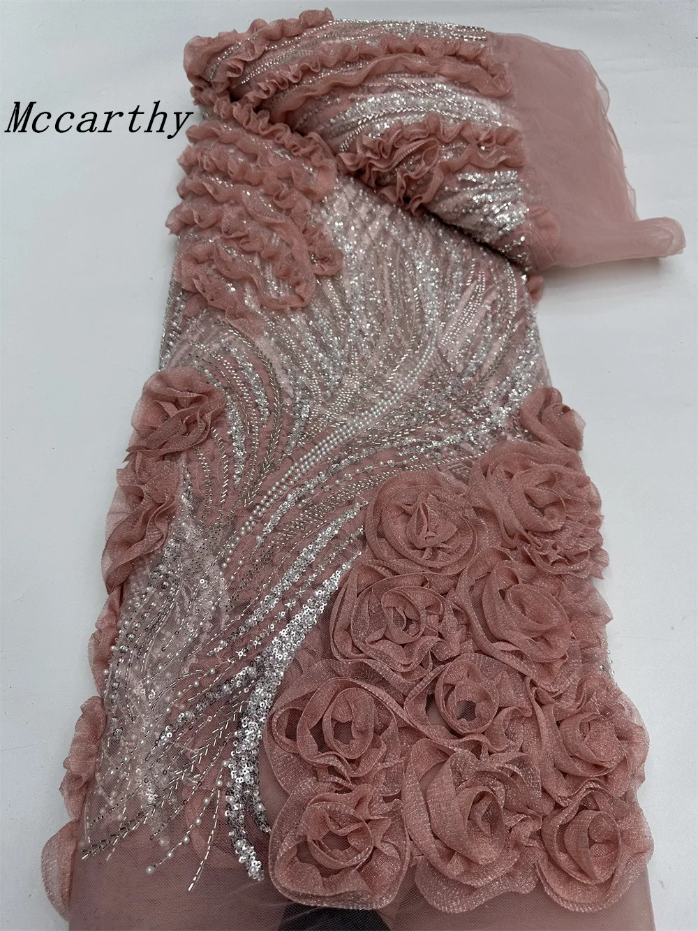 

Mccarthy розовая кружевная ткань с 3D цветами и бисером, африканское кружевное свадебное платье, 2022, нигерийская розовая кружевная ткань с 3D цветами для шитья