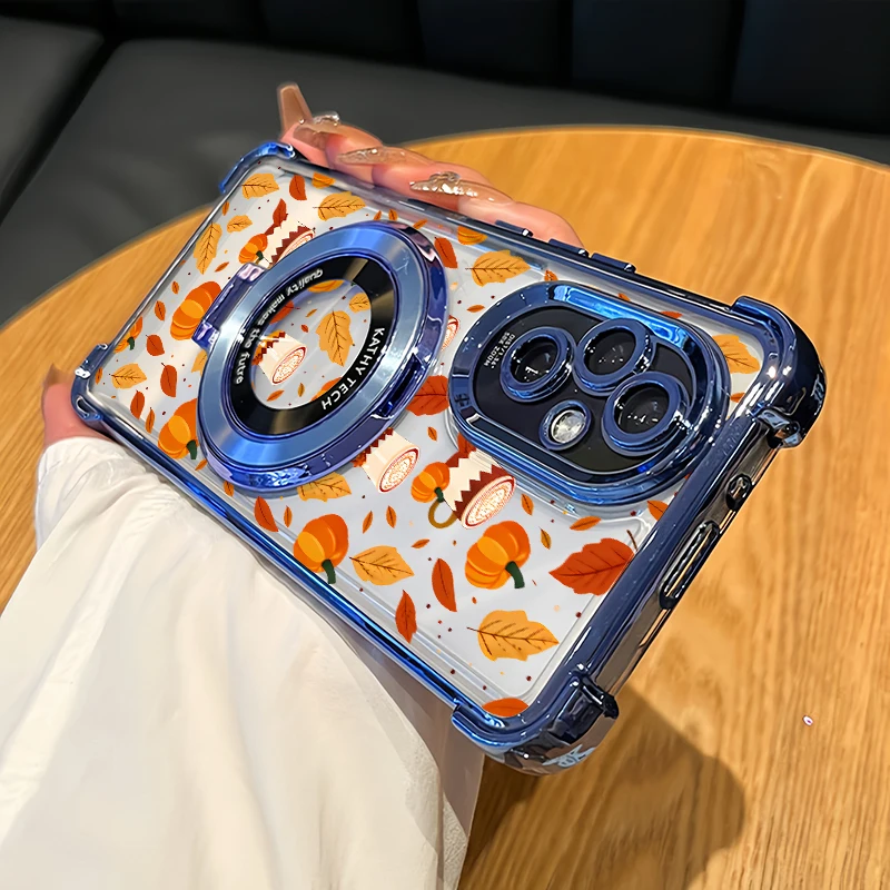 Autumn Pumpkin Floral Leaf Print Phone Case For OPPO Find X8 Pro X7 Ultra Plating Corner Four Corners Anti Drop Back Cover Funda