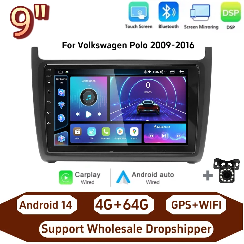 9 Inch Autoradio Stereo Voor VW Volkswagen Polo 2009-2016 Draadloze Carplay Android Auto RDS FM DSP IPS GPS Android 14 Auto Multimedia Speler