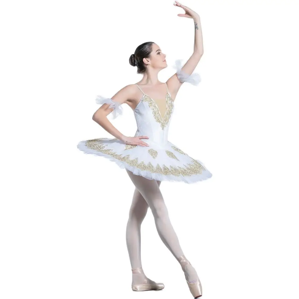 

Dance Favourite Ballet Tutus BLL084 Pre-professional Ballet Tutu for White Velvet Bodice with Gold Applique Trim Tutu