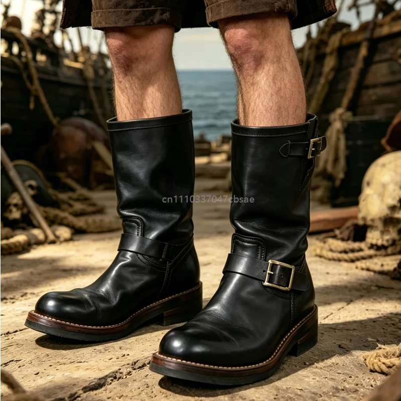 

Retro Outdoor Western Cowboy Boots Medieval Round Middle Motorcycle Riding Boot Men Trendy PU Leather Buckle Mid Calf Shoes