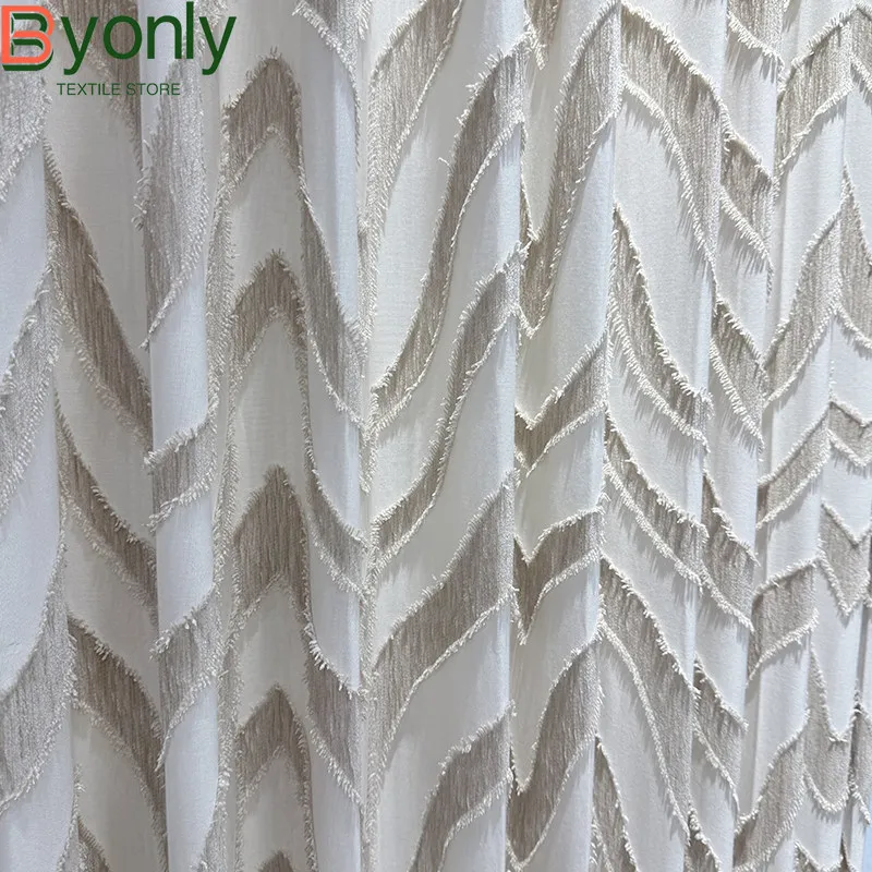 Geometric Stripe Wave Weave Relief Jacquard Window Screen Curtains for Customized Bedroom Living Room Bay Window French Window