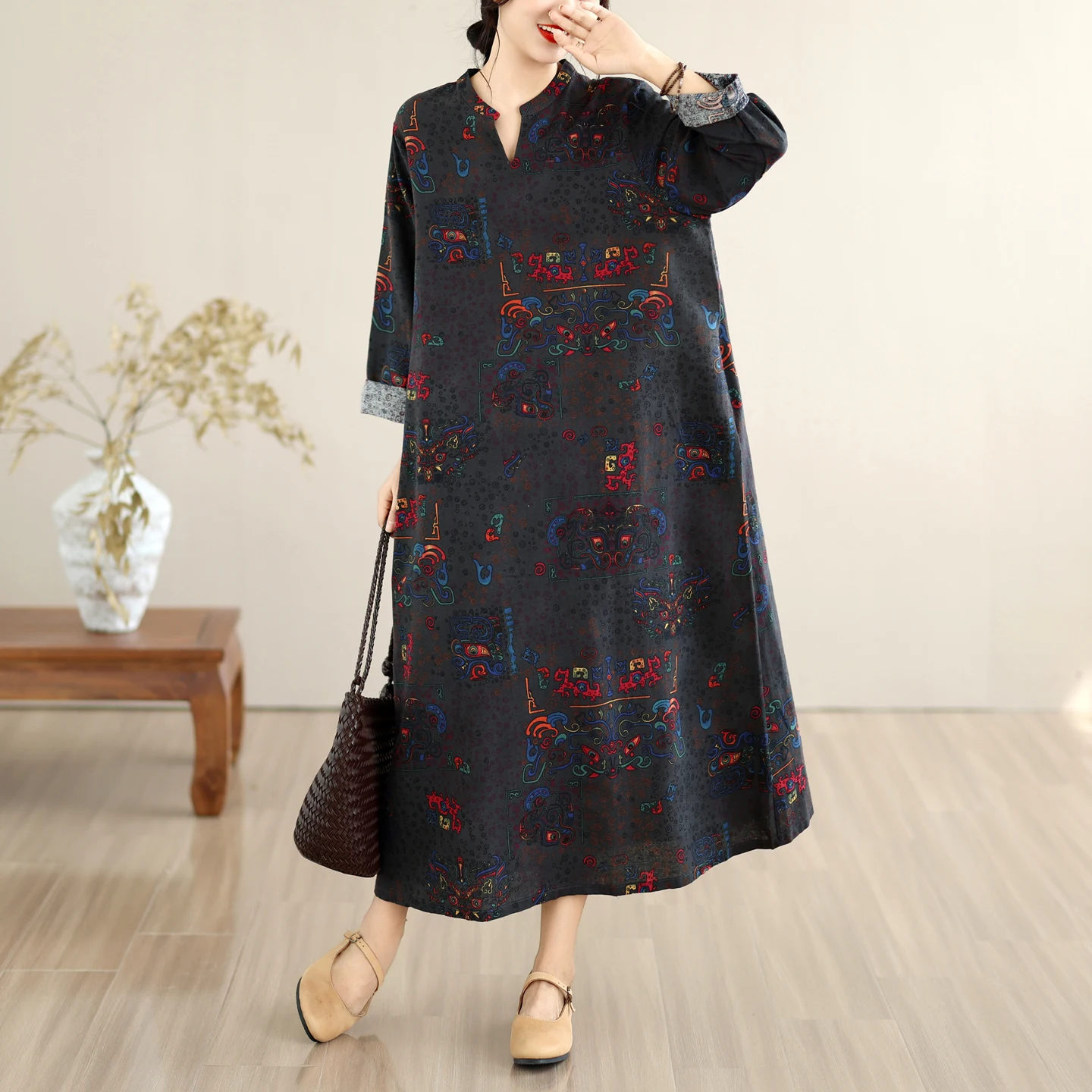 Loose Cotton Linen Long Sleeve Printed Dress for Mom plus Size Floral Print A-Line Skirt City Walk Autumn Season Ladies Dress