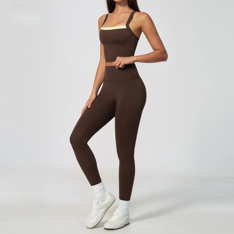 2Pcs Women Fitness Yoga Outfit Built-in Bra Sleeveless Tank Top High Waist Pants Soft Stretch Gym Training Workout Sportswear