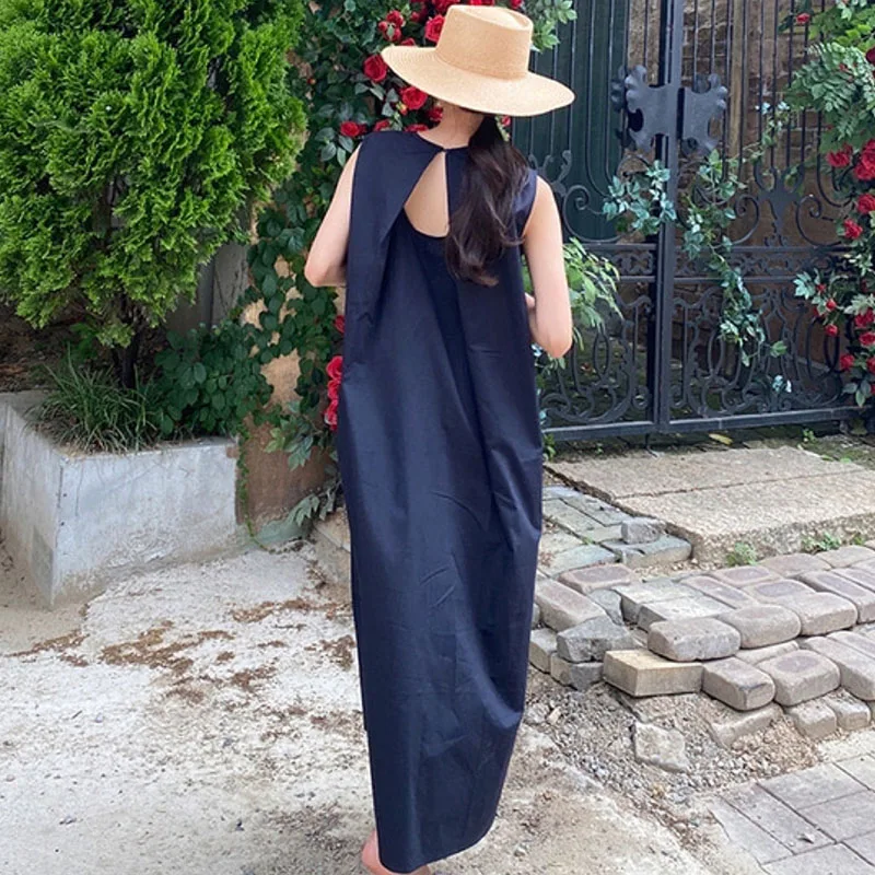 레트로 여름 민소매 라운드 넥 느슨한 여성 드레스 세련된 순수 컬러 백리스 조끼 드레스 한국 스타일 캐주얼 롱 드레스
