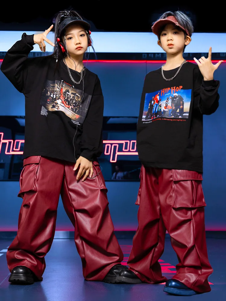 Kid Kpop Hip Hop Clothing Black Print Sweatshirt Top Wine Red Faux Leather Casual Cargo Pants for Girl Boy Dance Costume Clothes