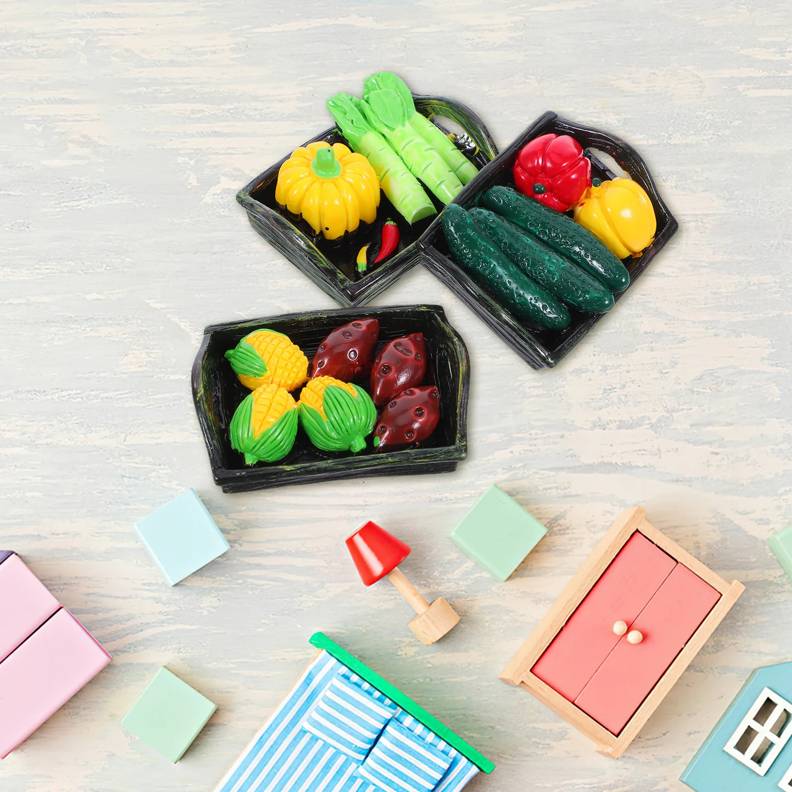 

3Pcs Resin Ornaments Tiny Vegetables Basket Compact Size for Mini House Decoration Lifelike Simulation Cooking Set Craft Display