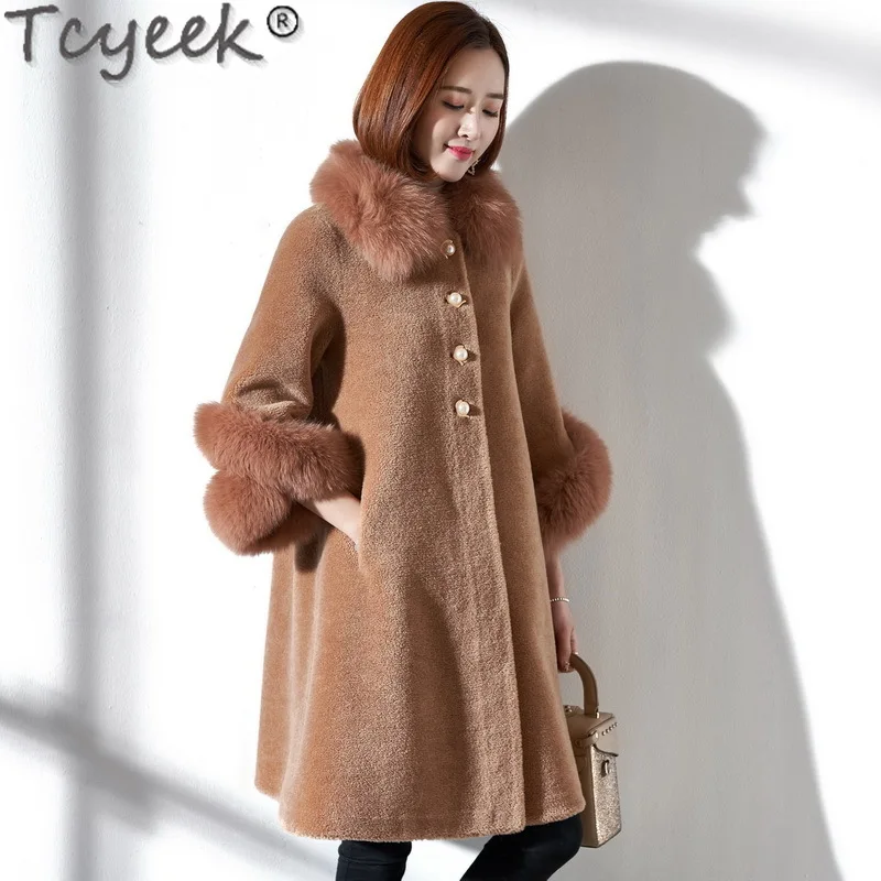 Tcyeek 100% Wool Jacket Warm Fox Fur Collar Fashion Sheep Shearling Coat Winter Jackets for Women Mid-length Women's Fur Coat