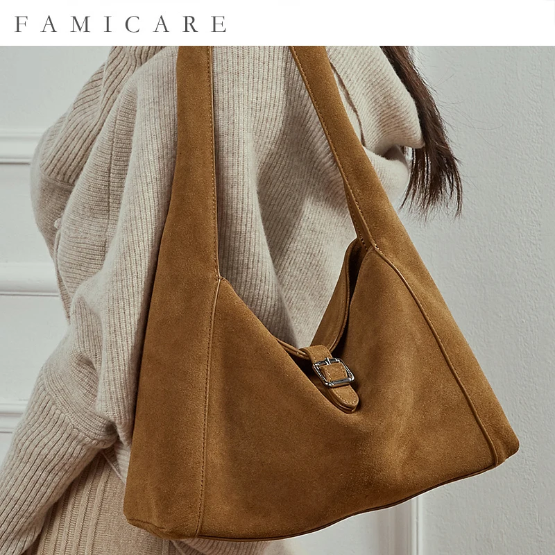 

2025 Fall Winter New Suede Leather Underarm Tote Vintage Spacious Single Shoulder Bag Women Minimalist Casual Premium Handbag