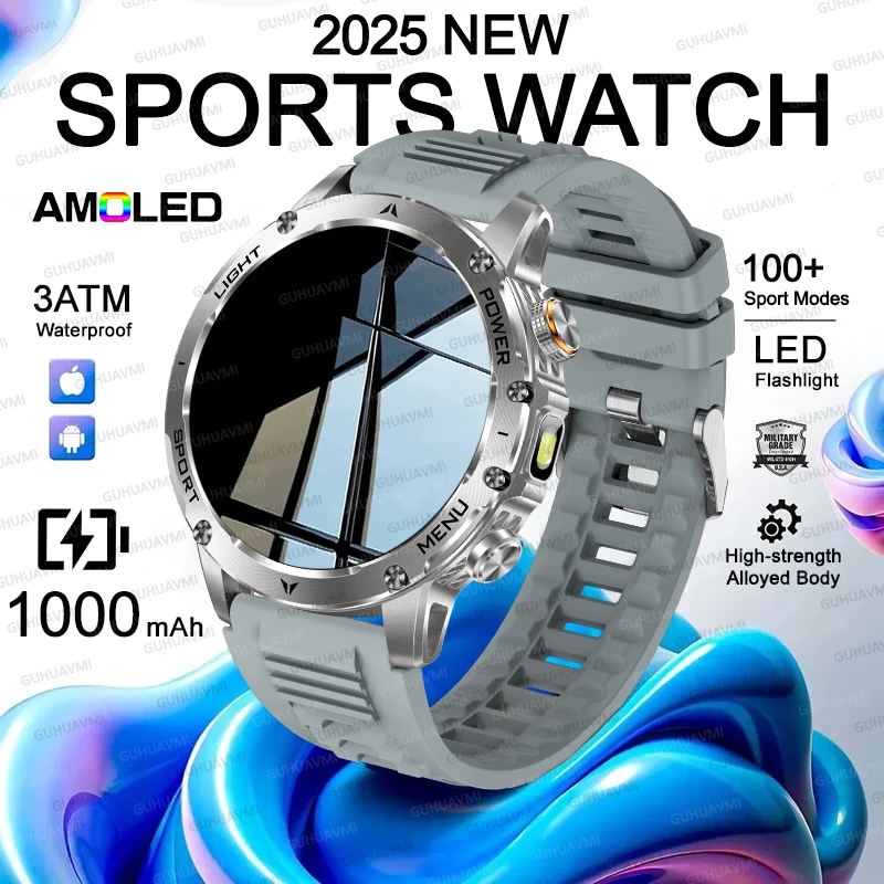 2025 deportes al aire libre militar 1000mAh batería reloj inteligente pantalla AMOLED GPS NFC linterna LED 3ATM impermeable natación HD hablar reloj