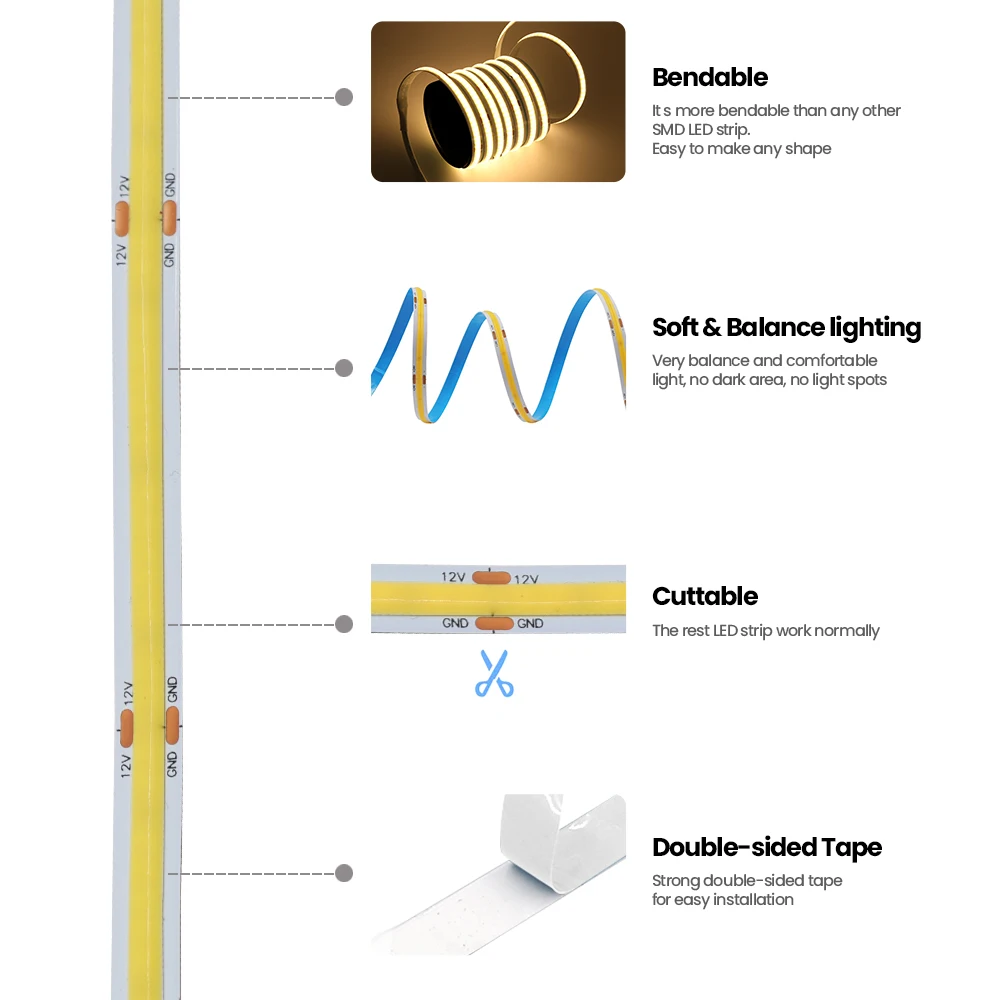 شريط LED 320LEDs/m COB 12 فولت أبيض دافئ/طبيعي أبيض/أبيض قابل للانحناء إضاءة خطية ديود شريط إضاءة تلفزيونية خلفية 0.5 متر 1 متر 2 متر 3 متر 4 متر 5 متر