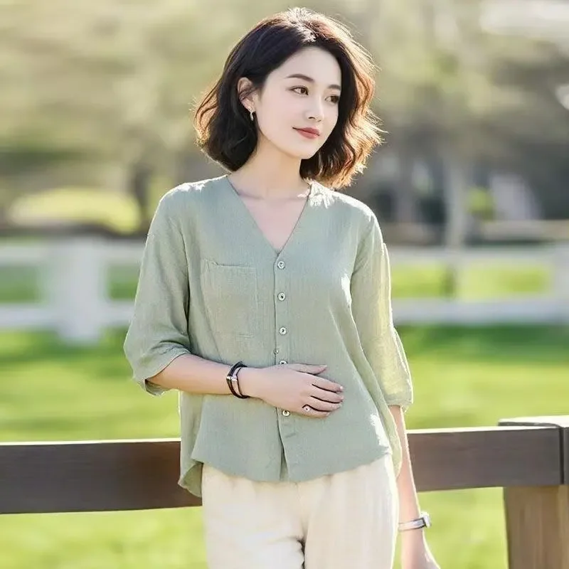 Women's V-Neck Blouse - Half-Sleeve Loose-Fit Shirt with Chest Pocket