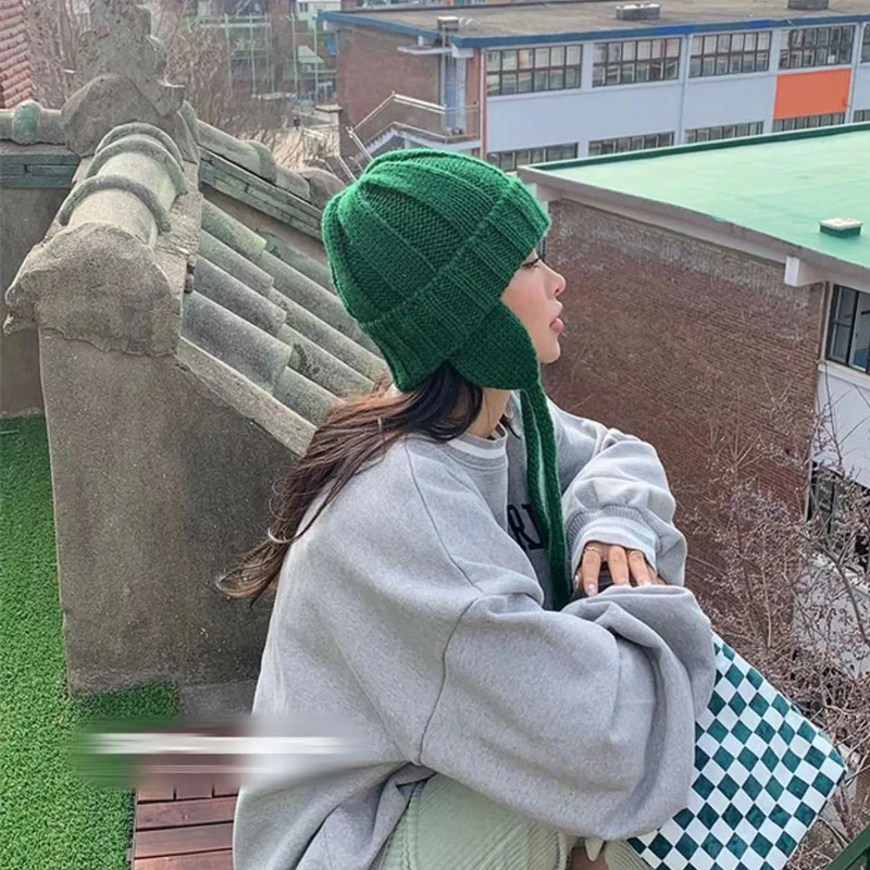 2023 Korea Ins Long Tied Rope Beanies Hat with Earflaps Japanese Outdoor Warm Winter Hat for Women Streetwear Party Funny Hat