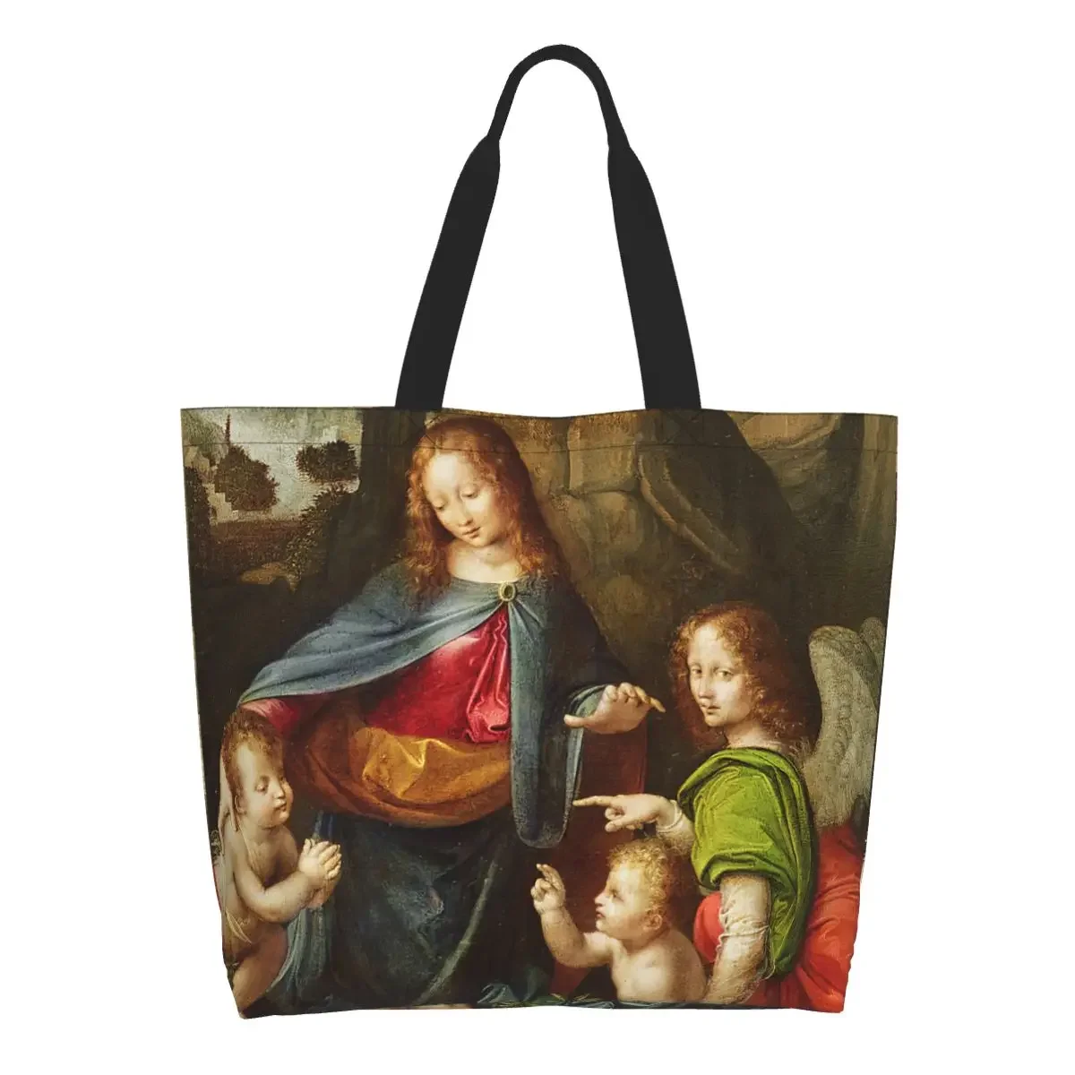 Custom Leonardo Da Vinci Shopping Canvas Bags Women Reusable Large Capacity Grocery Virgin Of The Rocks Shopper Tote Bags