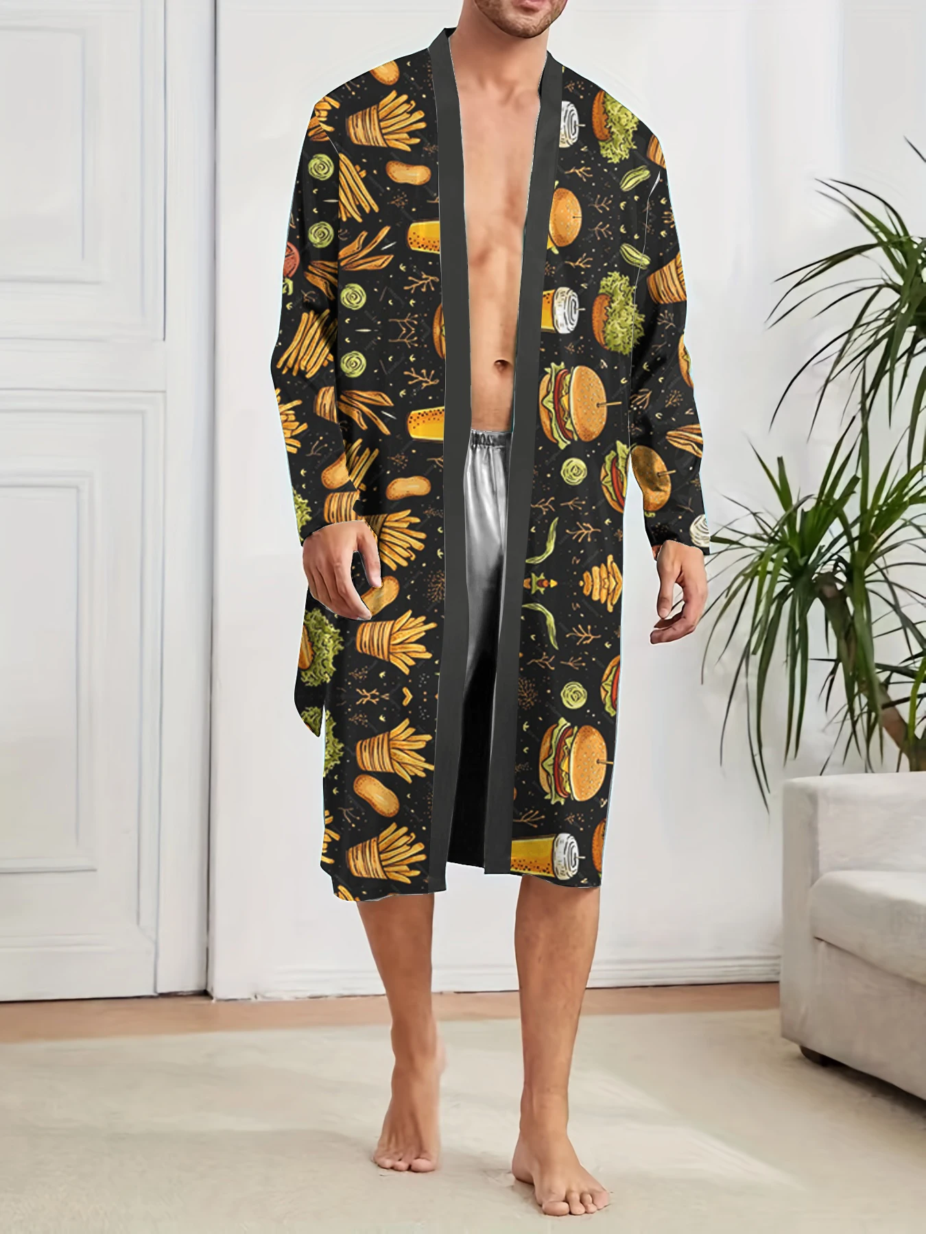 

Весенне-осенний мужской забавный длинный халат с цифровой печатью и быстросохнущим, повседневный и модный мужской спальный халат для дома.