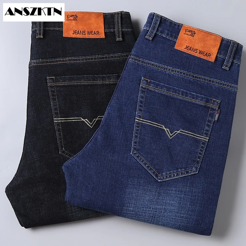 ANSZKTN-pantalones vaqueros informales para hombre, Jeans de negocios, ajustados, elásticos, de talla grande, azul, negro, color sólido, baratos