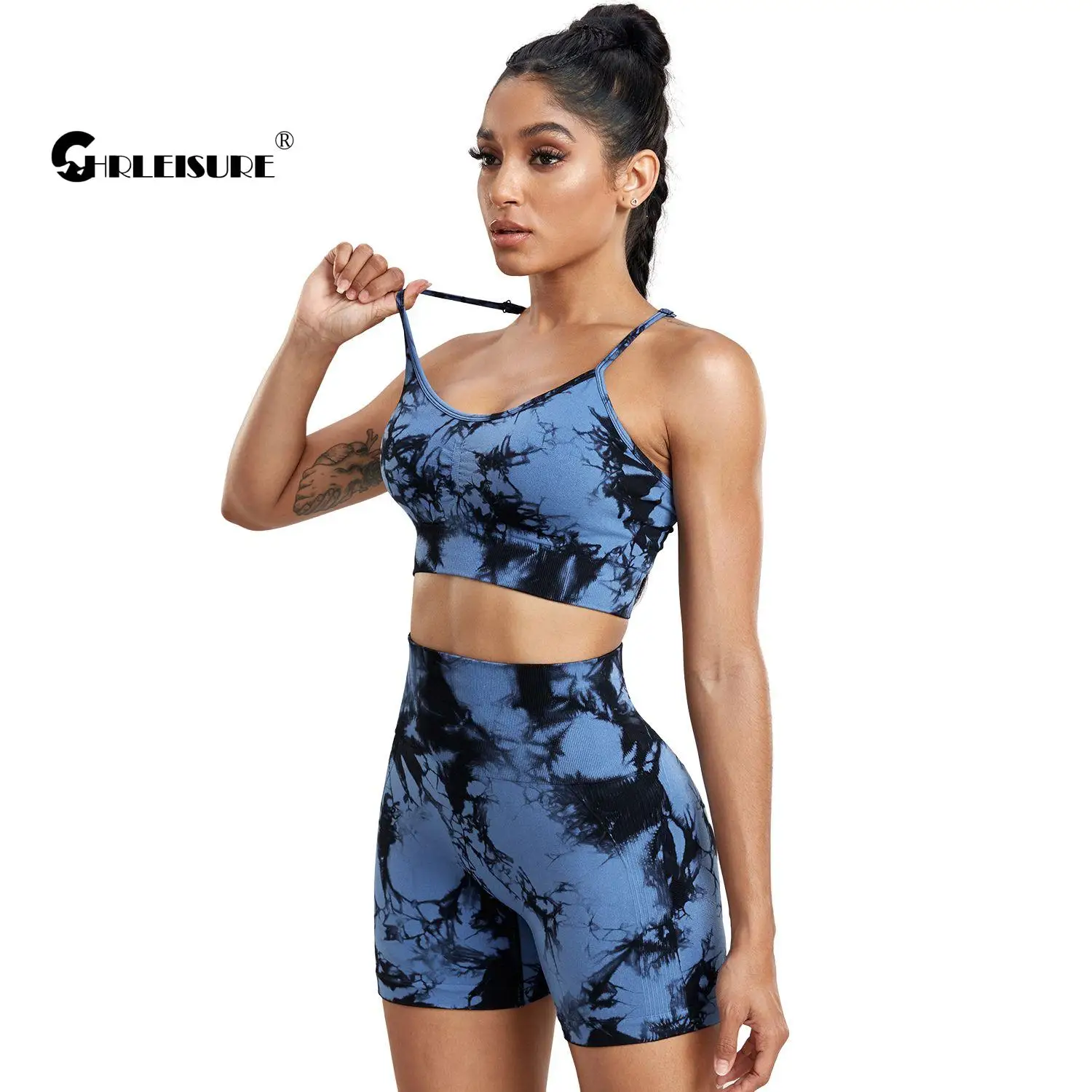 CHRLEISURE Tie Dye Yoga Sets for Women Seamless Sports Outfits Butt Lift Scrunch Cycling Shorts with Fitness Bra Sportswear