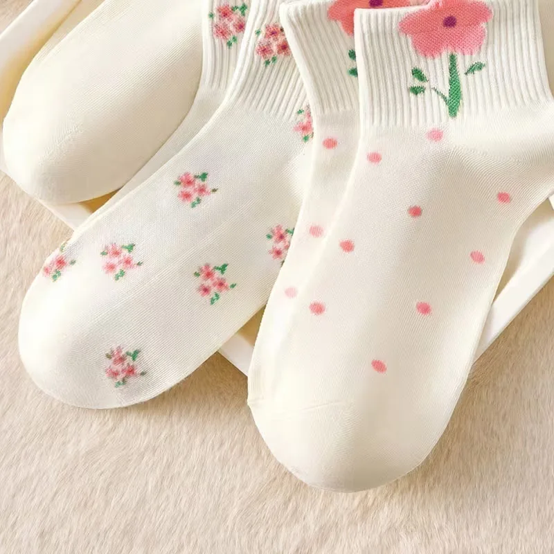 5 Pairs Girls Socks Cute Small Floral Pattern Bow Flower Comfortable Breathable Kids Socks image 6