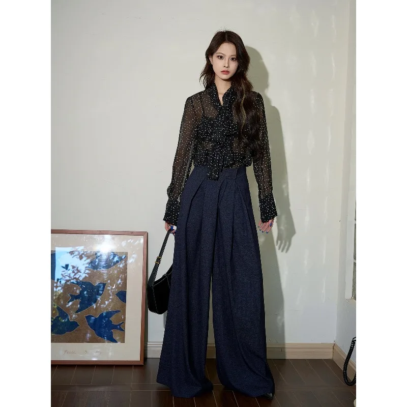 Modische, hohe, bodenlange Freizeithose mit weitem Bein für Damen mit verstellbarem Taillenumfang und lockerer Temperamenthose