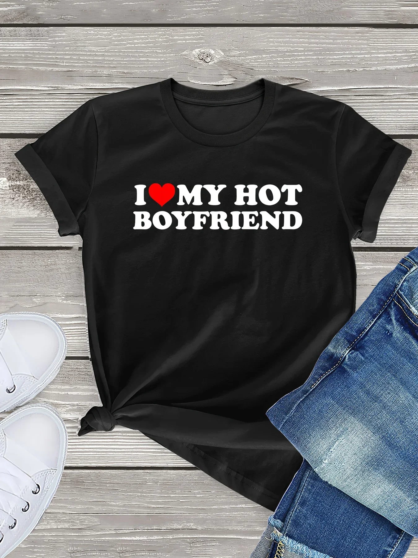 Love Boyfriend Graphic Tee Shirt, Crew Neck Short Sleeve Casual Everyday Tops For Valentine's Day Gifts, Women's Clothing