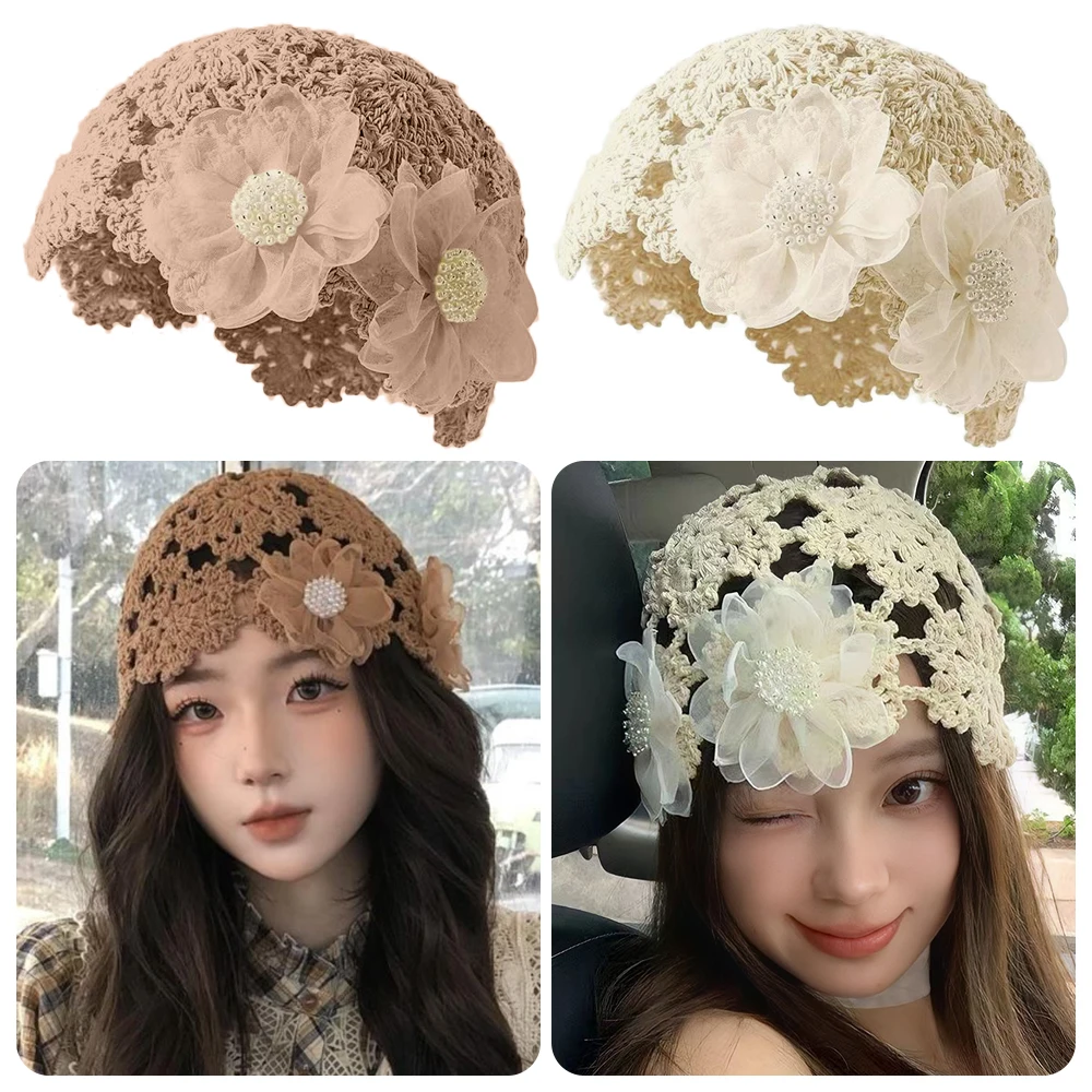 

Casual Fashion Pearl Flower Flowers Beret Cap Hollowed Out Hand-Made Skullies Hat Sun Visor Sweet Fisherman Hat Summer