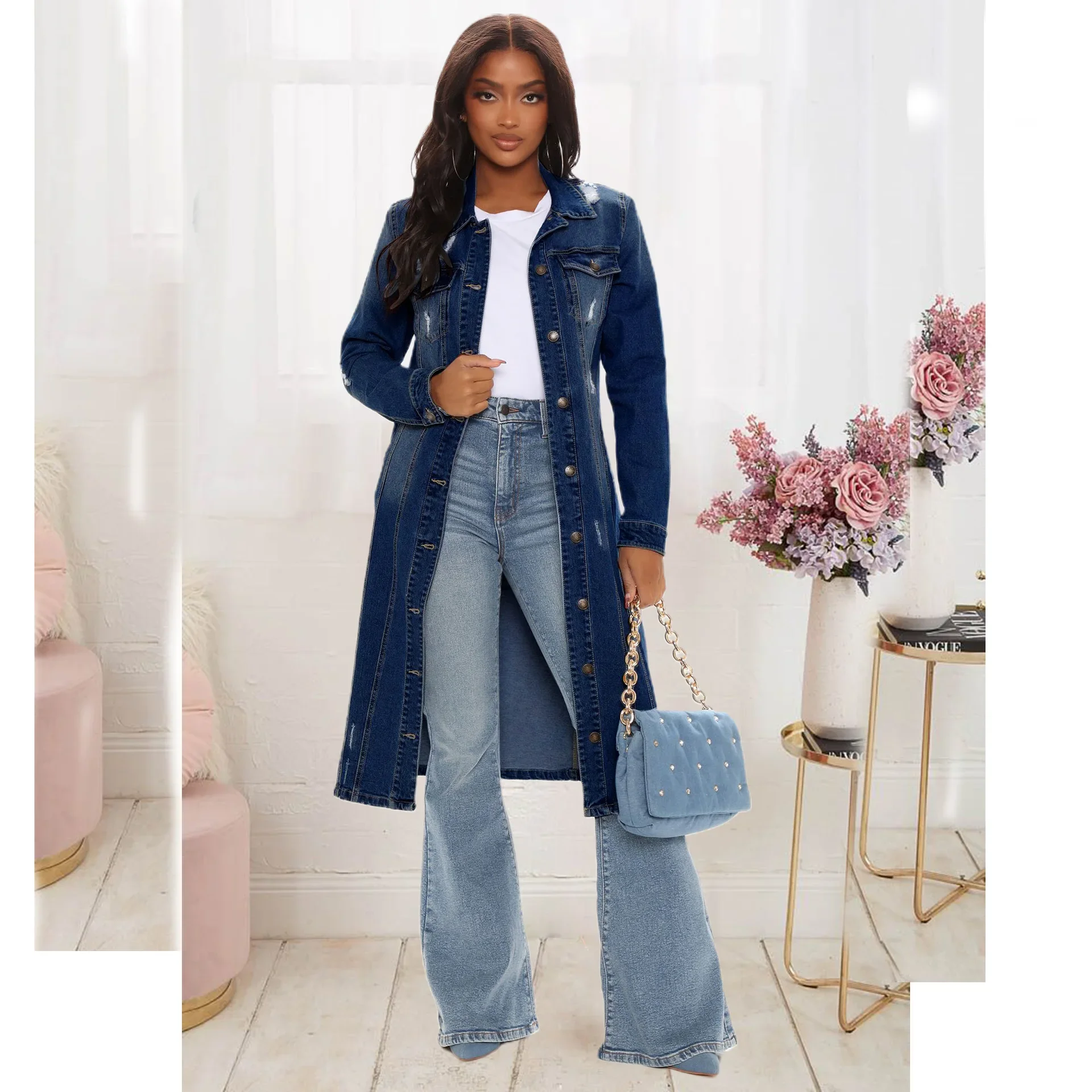 

Women Trench Turn Down Collar Denim Jackets Blue Solid Cardigan Single Breasted Coats Jackets Button Outerwear Pockets Coats